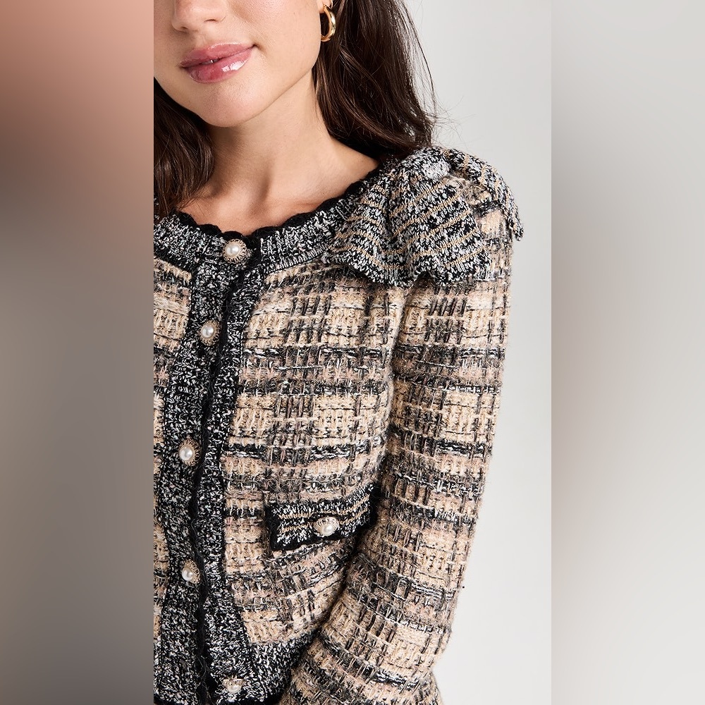 Loveshackfancy Chantria Tweed Boucle cropped cardigan with Black and gold - Picture 3 of 10